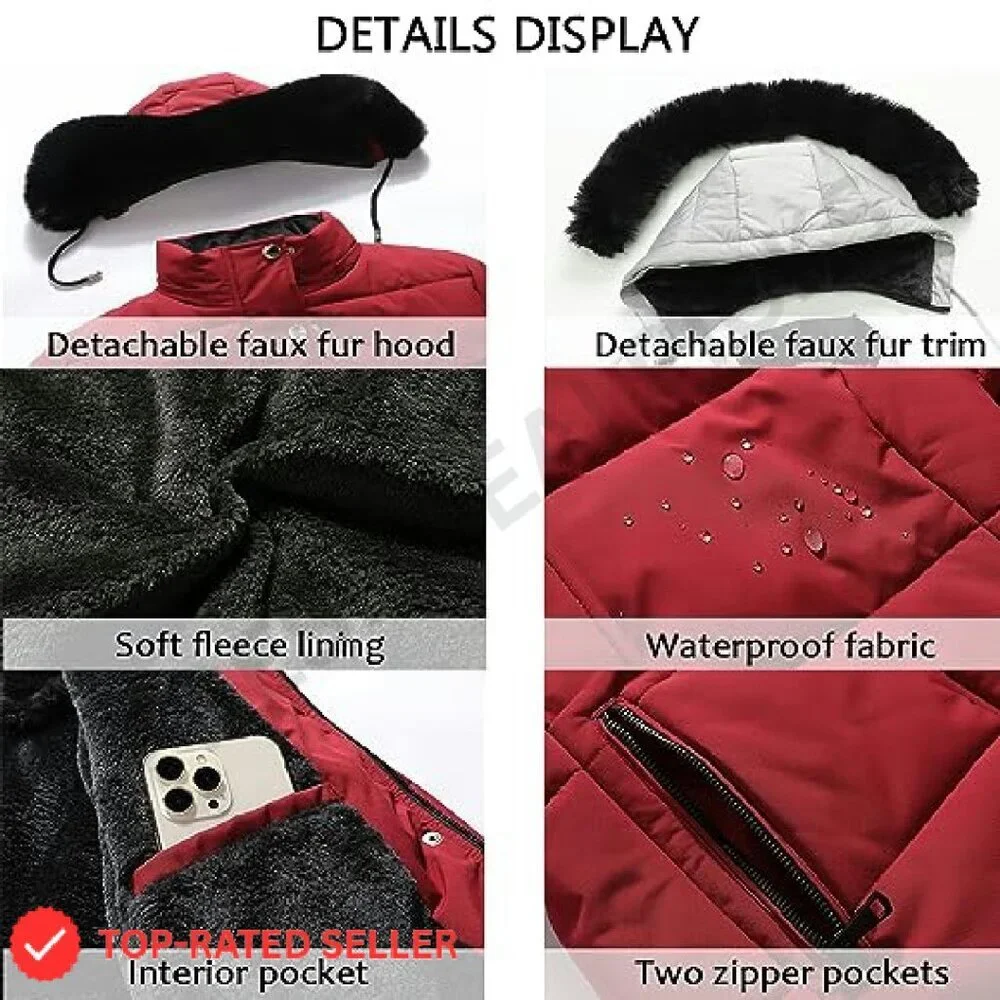 Winter Puffer Coat Thick Fleece Lined Down Jacket Detachable Hood Parka